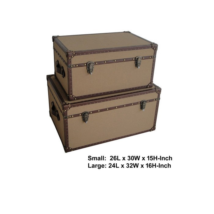 Fabric Upholstered Rectangular Trunk with Nailhead Details, Brown, Set of 2