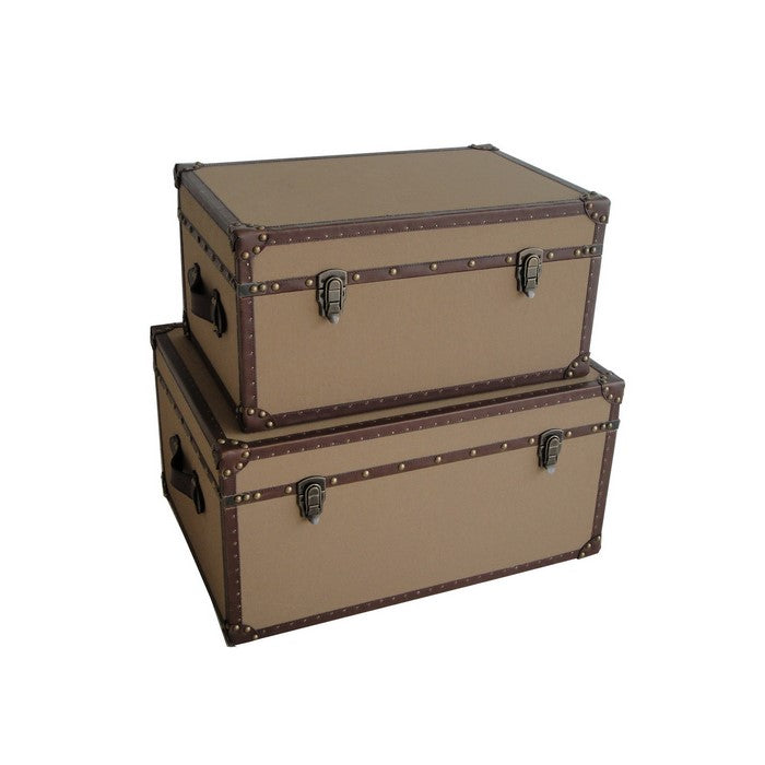 Fabric Upholstered Rectangular Trunk with Nailhead Details, Brown, Set of 2