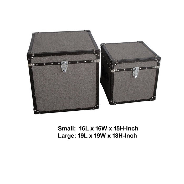 Fabric Upholstered Square Trunk with Nailhead Details, Gray, Set of 2