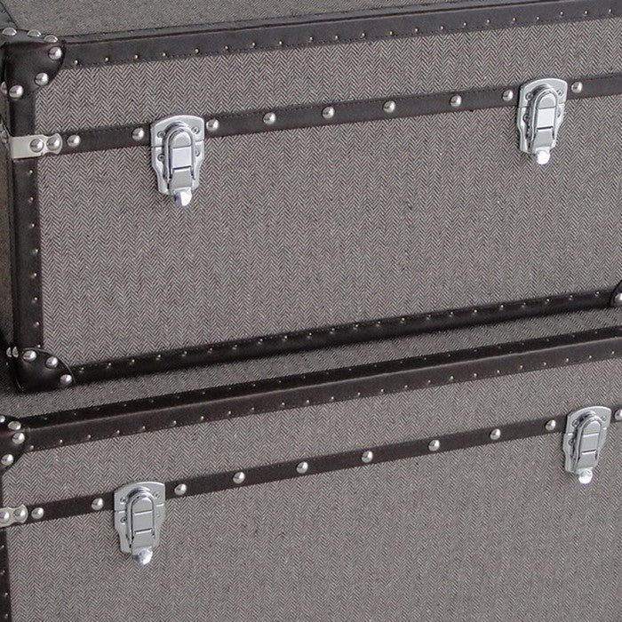Fabric Upholstered Rectangular Trunk with Nailhead Details, Gray, Set of 2
