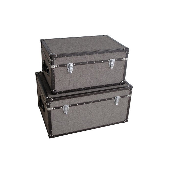 Fabric Upholstered Rectangular Trunk with Nailhead Details, Gray, Set of 2