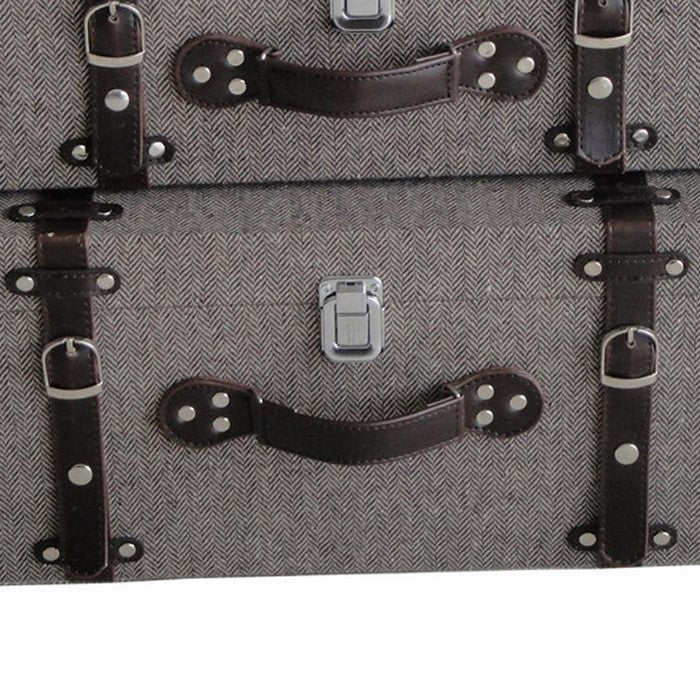 Textured Fabric Upholstered Suitcase with Nailhead Details, Gray, Set of 2