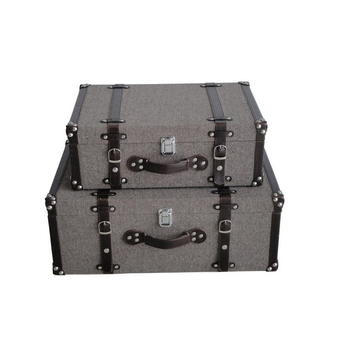 Textured Fabric Upholstered Suitcase with Nailhead Details, Gray, Set of 2