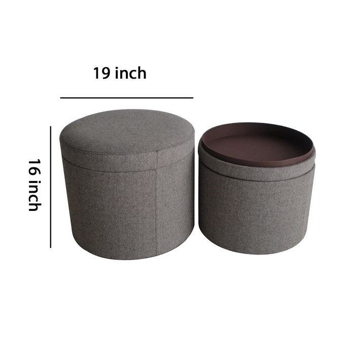 Round Storage Ottoman with Textured Fabric Upholstery, Gray