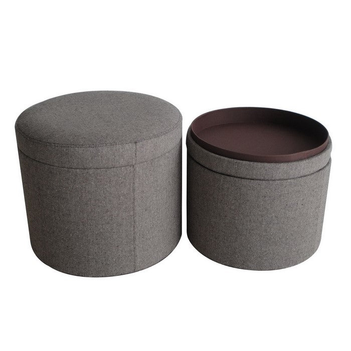 Round Storage Ottoman with Textured Fabric Upholstery, Gray