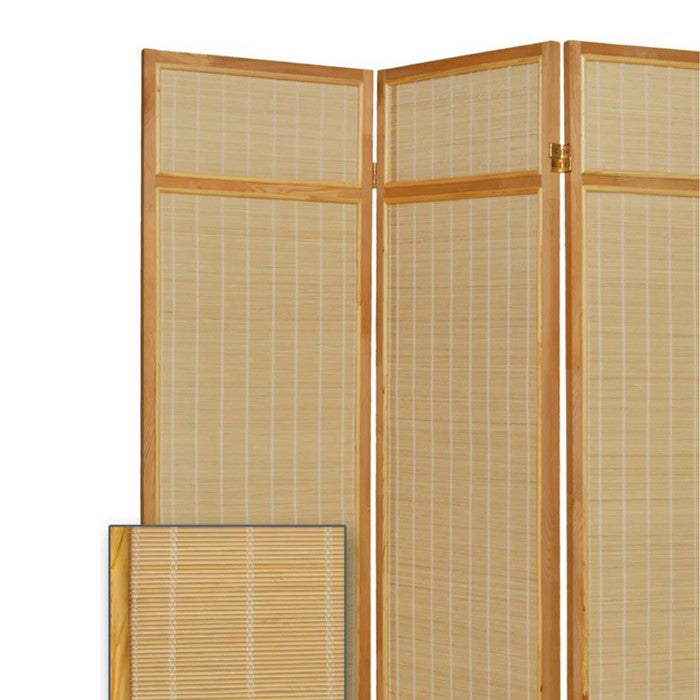 Wooden Frame 3 panel Foldable Screen with Bamboo Straw Details, Brown