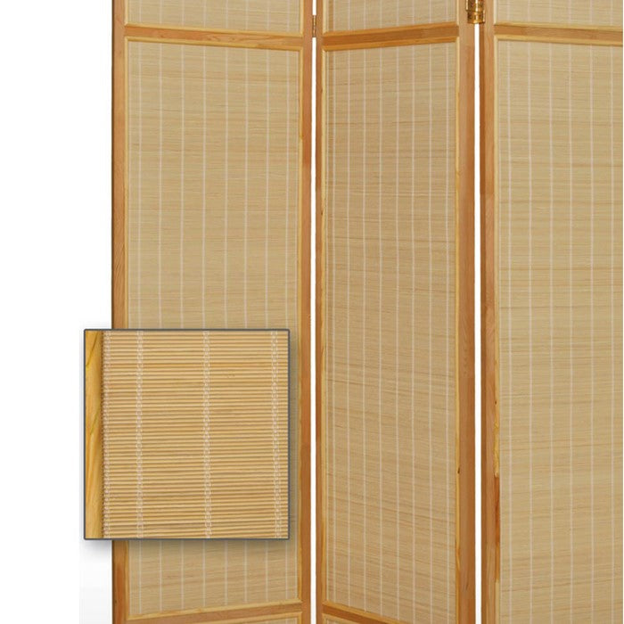 Wooden Frame 3 panel Foldable Screen with Bamboo Straw Details, Brown