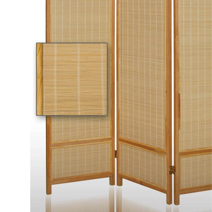 Wooden Frame 3 panel Foldable Screen with Bamboo Straw Details, Brown