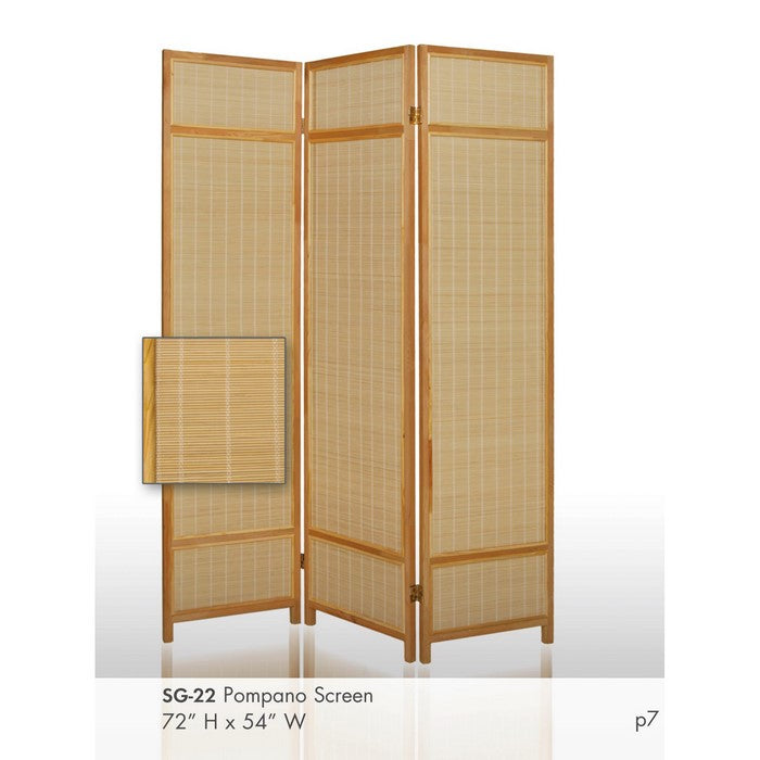 Wooden Frame 3 panel Foldable Screen with Bamboo Straw Details, Brown