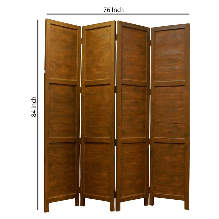 Wooden 4 Panel Foldable Floor Screen with Washed Panels, Brown