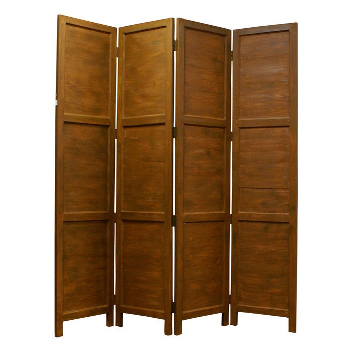 Wooden 4 Panel Foldable Floor Screen with Washed Panels, Brown