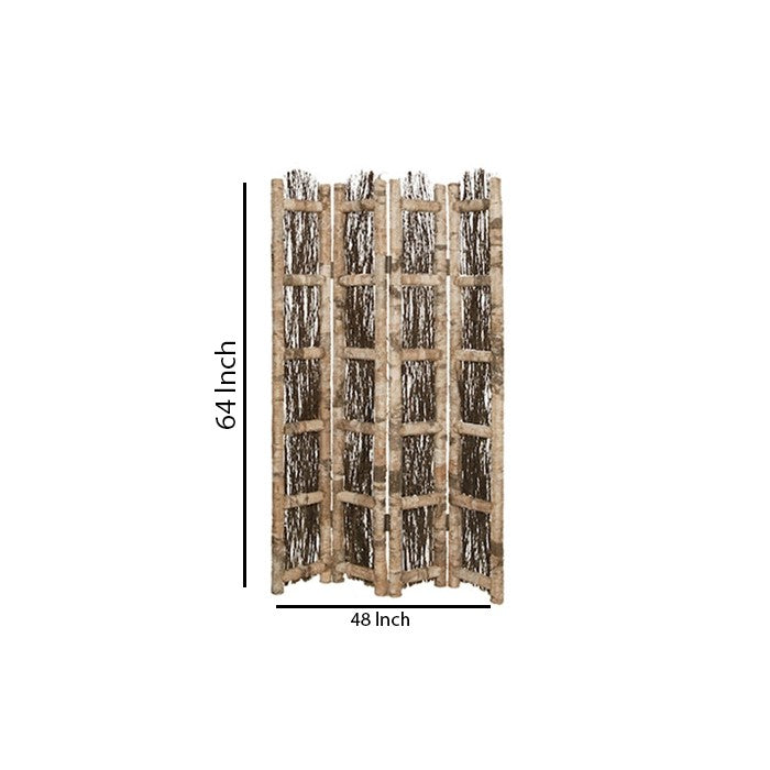 Wooden Foldable Screen with Twig Design 4 Ladder Style Panels, Brown