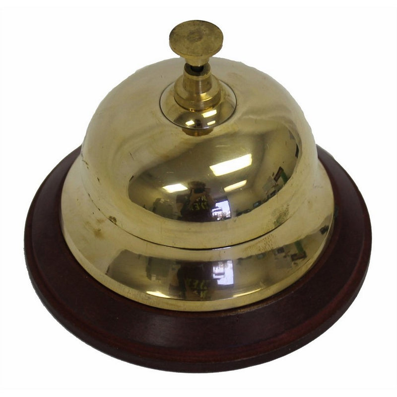 Solid Brass Front Desk Bell 3.75" on Wood Base Hotel or Counter Service