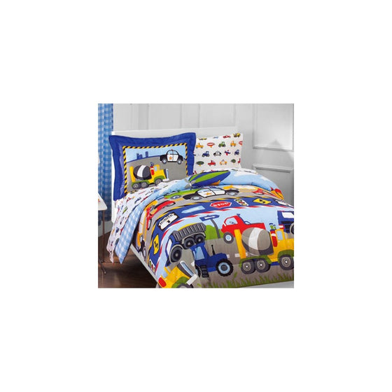 Construction Trucks, Police Cars, Tractors, Boys Twin Comforter Set (5 Piece Bedding)