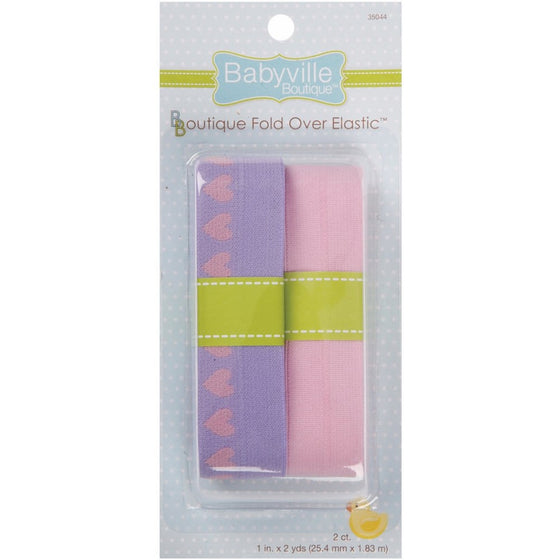 Babyville Boutique Fold Over Elastic, Lavender with Hearts and Solid Pink