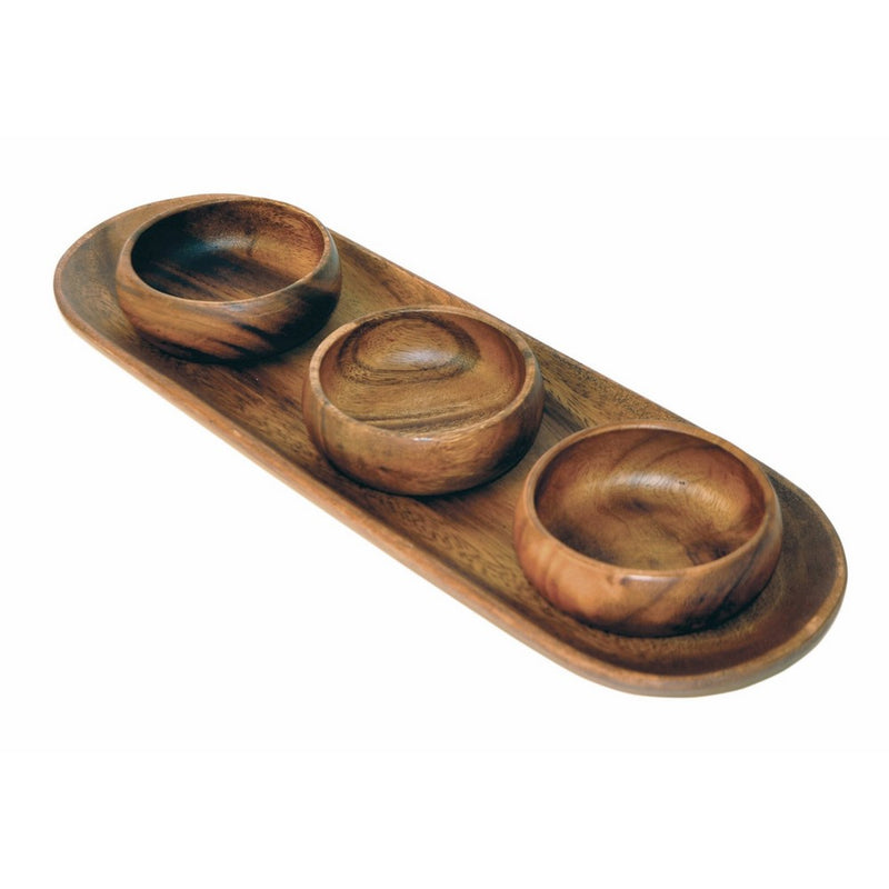Pacific Merchants Acaciaware Set, 16-Inch Baguette Tray with 4-Inch Dipping Bowls