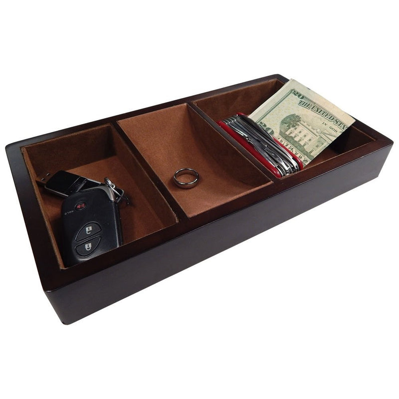 Profile Gifts Woltar Wooden Valet Tray - Brown - 3 Compartment Leatherette Organizer Box for Wallets, Coins, Keys, and Jewelry