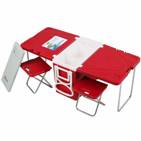 Giantex Multi Function Rolling Cooler Picnic Camping Outdoor w/Table & 2 Chairs Red