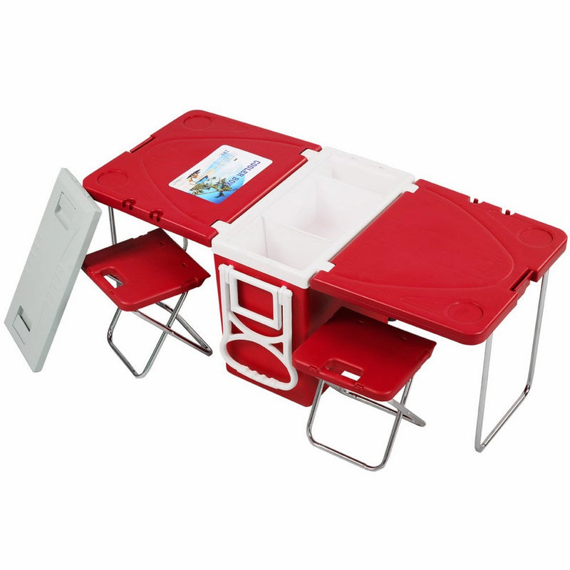 Giantex Multi Function Rolling Cooler Picnic Camping Outdoor w/Table & 2 Chairs Red