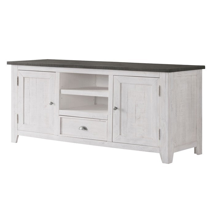 Coastal Wooden TV Stand with 2 Cabinets and 1 Drawer, White and Gray