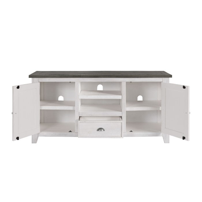 Coastal Wooden TV Stand with 2 Cabinets and 1 Drawer, White and Gray