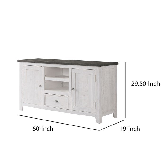 Coastal Wooden TV Stand with 2 Cabinets and 1 Drawer, White and Gray