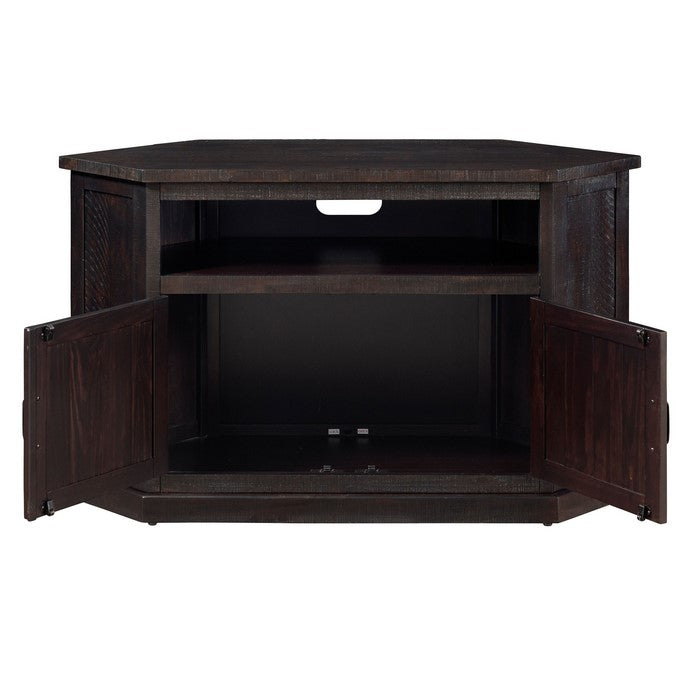 Rustic Wooden Corner TV Stand with 2 Door Cabinet, Espresso Brown