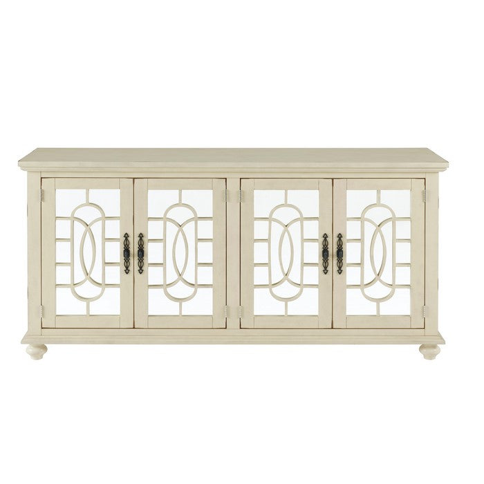 Trellis Front Wood and Glass TV stand with Cabinet Storage, Beige