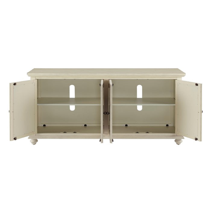 Trellis Front Wood and Glass TV stand with Cabinet Storage, Beige