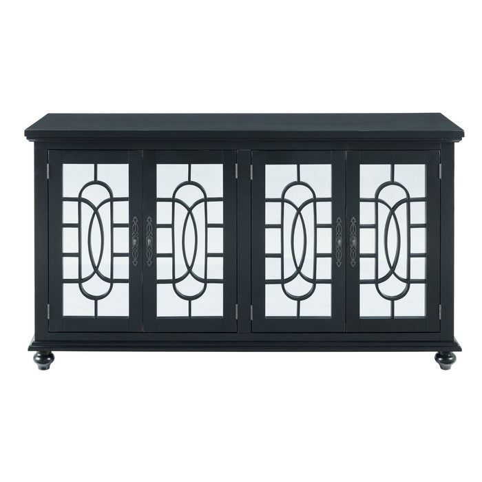 Trellis Front Wood and Glass TV stand with Cabinet Storage, Black
