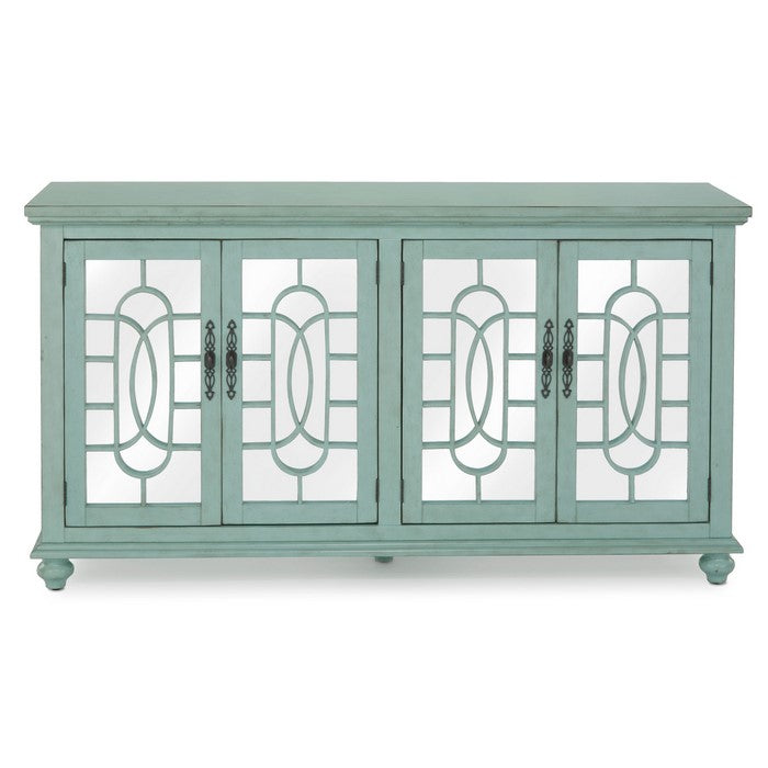 Trellis Front Wood and Glass TV stand with Cabinet Storage, Mint Green