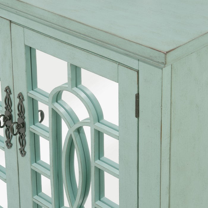 Trellis Front Wood and Glass TV stand with Cabinet Storage, Mint Green