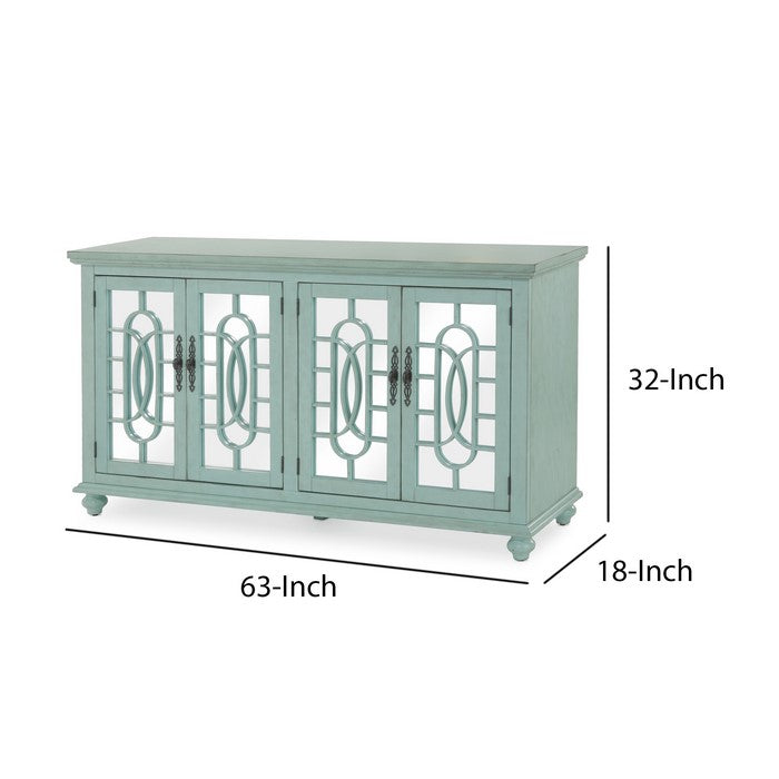 Trellis Front Wood and Glass TV stand with Cabinet Storage, Mint Green