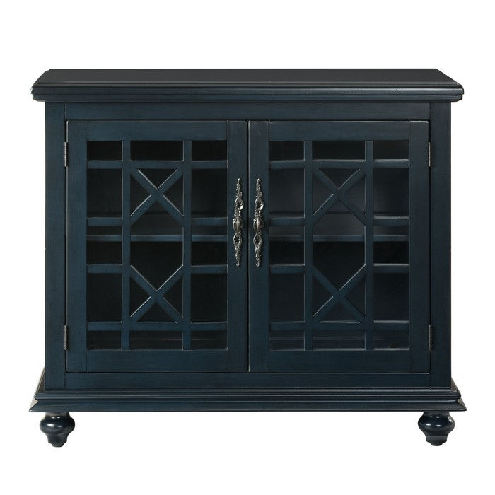 Transitional Wood and Glass TV Stand with Trellis Cabinet Front, Dark Blue