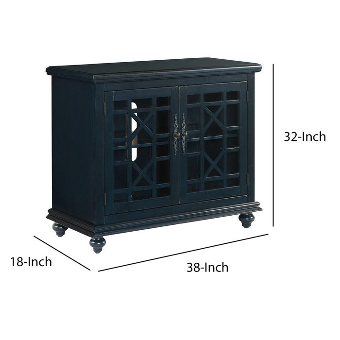 Transitional Wood and Glass TV Stand with Trellis Cabinet Front, Dark Blue