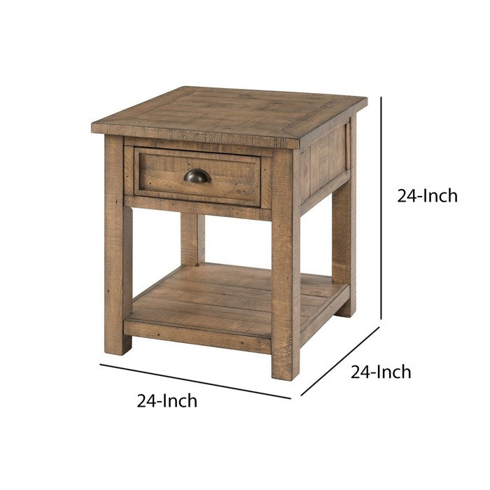 Coastal Style Square Wooden End Table with 1 Drawer, Brown