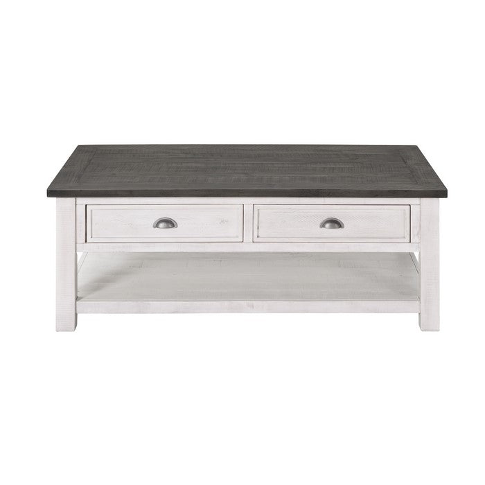 Coastal Rectangular Wooden Coffee Table with 2 Drawers, White and Gray