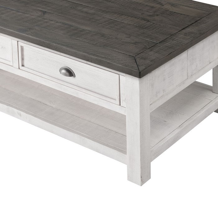 Coastal Rectangular Wooden Coffee Table with 2 Drawers, White and Gray