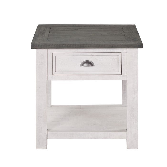 Coastal Style Square Wooden End Table with 1 Drawer, White and Gray
