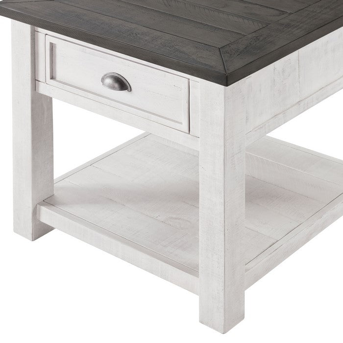 Coastal Style Square Wooden End Table with 1 Drawer, White and Gray
