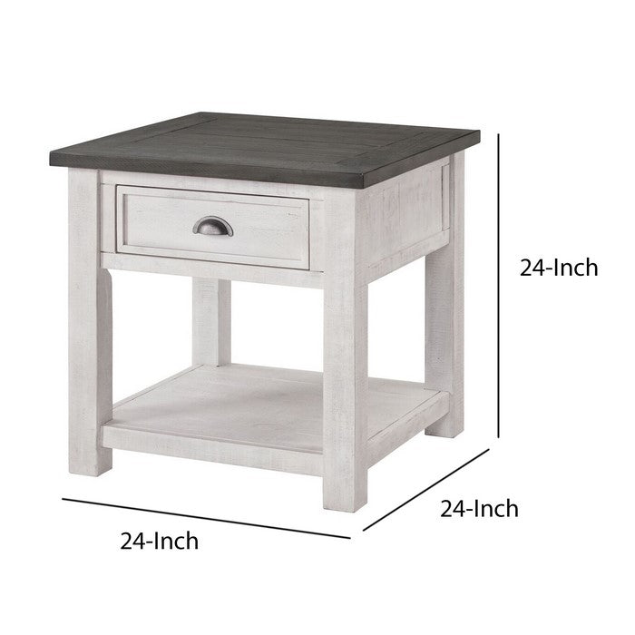 Coastal Style Square Wooden End Table with 1 Drawer, White and Gray