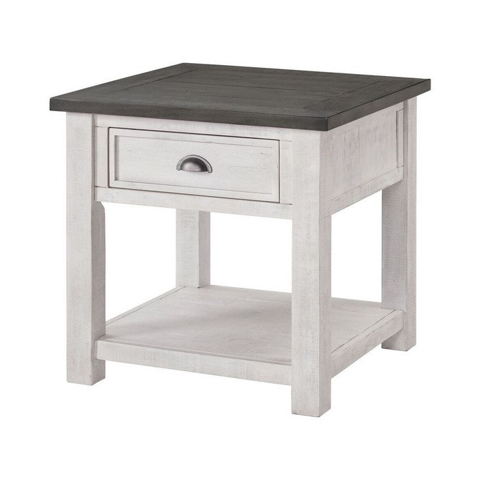 Coastal Style Square Wooden End Table with 1 Drawer, White and Gray