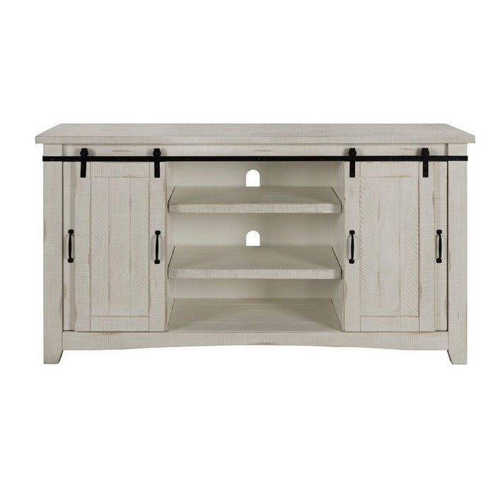 65 Inch Wooden TV Stand with 2 Open Shelves, Antique White and Black