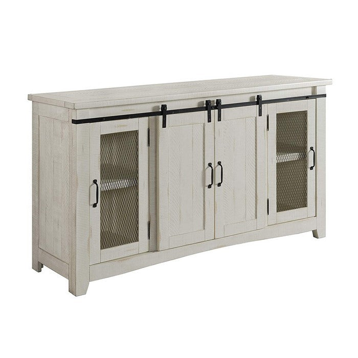 65 Inch Wooden TV Stand with 2 Open Shelves, Antique White and Black