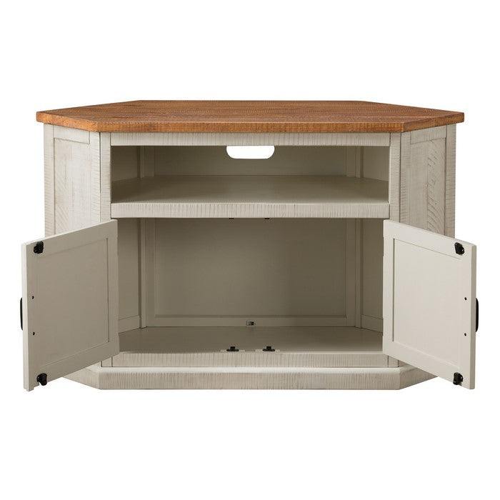 Rustic Wooden Corner TV Stand with 2 Door Cabinet, Antique White and Brown