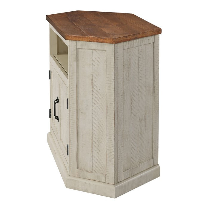 Rustic Wooden Corner TV Stand with 2 Door Cabinet, Antique White and Brown