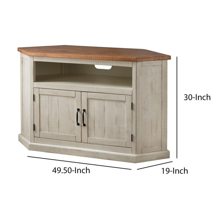 Rustic Wooden Corner TV Stand with 2 Door Cabinet, Antique White and Brown