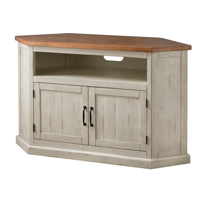 Rustic Wooden Corner TV Stand with 2 Door Cabinet, Antique White and Brown