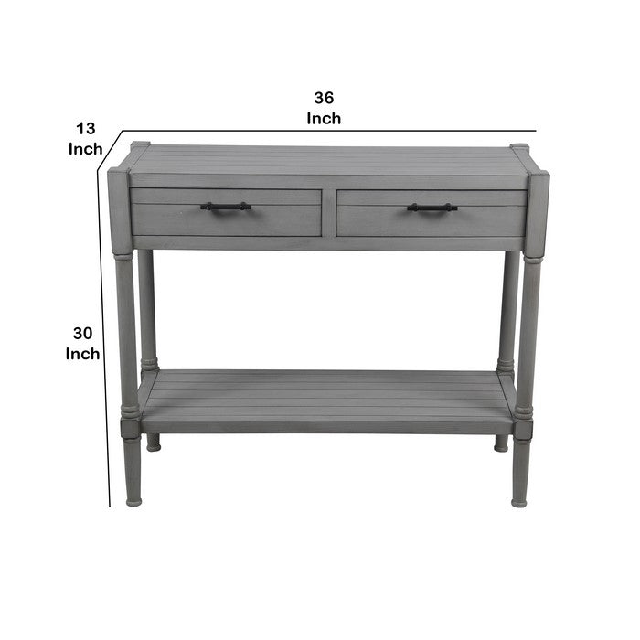 Wooden Console Table with Two Drawers and One Open Shelf, Gray