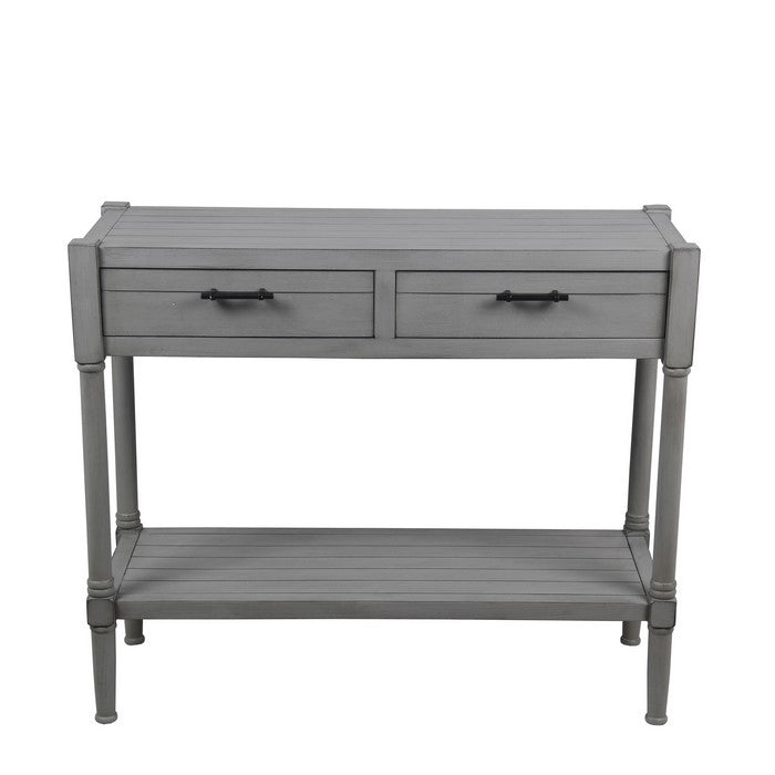 Wooden Console Table with Two Drawers and One Open Shelf, Gray